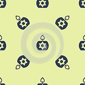 Blue Burning candle in candlestick with star of david icon isolated seamless pattern on yellow background. Cylindrical
