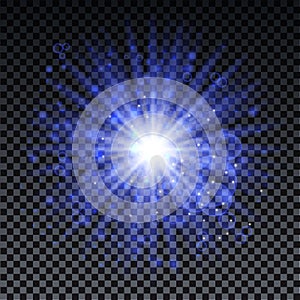 Blue burst on transparent background with sparkles and bokeh. Blue star glow effect. Magic burst for cads, invitations