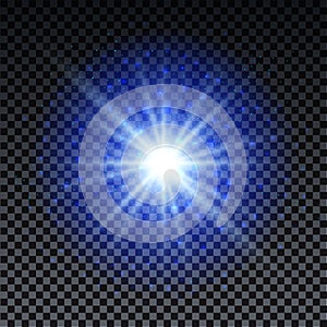 Blue burst on transparent background with sparkles and bokeh. Blue star glow effect. Magic burst for cads, invitations