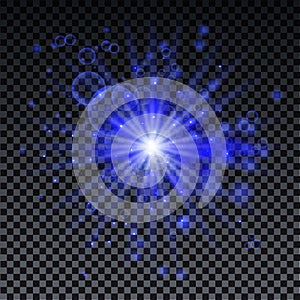 Blue burst on transparent background with sparkles and bokeh. Blue star glow effect. Magic burst for cads, invitations