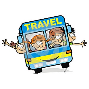 Blue bus and children, vector icon, crazy illustration
