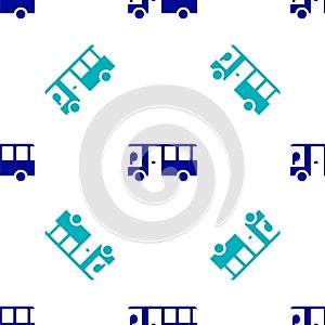 Blue Bus icon isolated seamless pattern on white background. Transportation concept. Bus tour transport sign. Tourism or