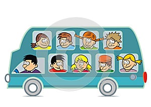 Blue bus with people, funny vector illustration