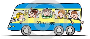 Blue bus with school children, funny vector illustration