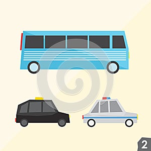 Blue bus, taxi cab, police car. Transportation