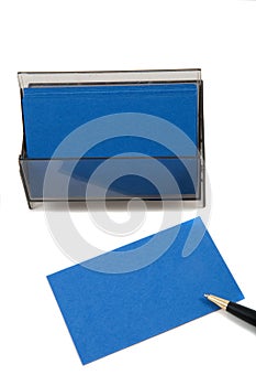 Blue Business (blank) card on White with pen.