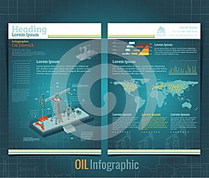 Blue Business brochure or flyer design template with realistic gas rig or oil derrik and information