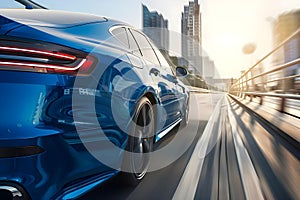 Blue business car speeding on highway seen from rear view. Concept Transportation, Speed, Highway,