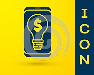 Blue Business light bulb with dollar on smartphone screen icon isolated on yellow background. User touch screen. Vector