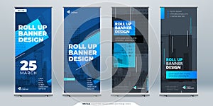 Blue Business Roll Up Banner. Abstract Roll up background for Presentation. Vertical roll up, x-stand, exhibition photo