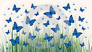 Blue butterflies flutter against a serene white background