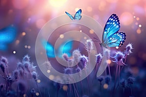 Blue Butterflies Flutter Over Wildflowers With Empty Space With Bokeh. Generative AI