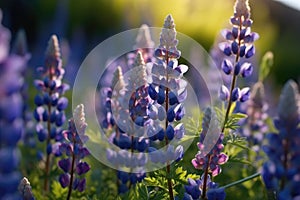 Blue butterflies flutter among purple lupine flowers, AI