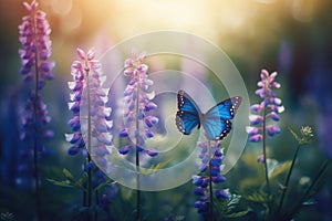 Blue butterflies flutter among purple lupine flowers, AI generated