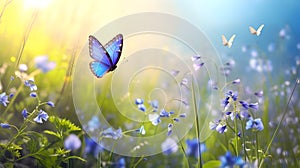 Blue butterflies flying on a warm day in a magical garden. Spring in the meadow among wildflowers. Seasonal background