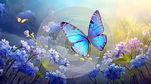 Blue butterflies flying on a warm day in a magical garden. Spring in the meadow among wildflowers. Seasonal background