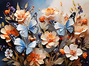 Blue butterflies painted with oil paints and delicate wildflowers Colorful oil paint art