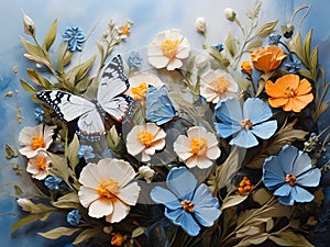 Blue butterflies painted with oil paints and delicate wildflowers Colorful oil paint art