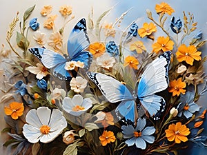 Blue butterflies painted with oil paints and delicate wildflowers Colorful oil paint art