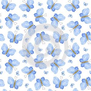 Blue butterflies seamless pattern watercolor illustration in random order, simple hand painted repeat ornament for textile, gift