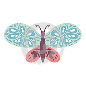 blue butterfly with colorful wings isolated on white background. hand drawing. Pretty flying moth top view. Gorgeous