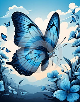 Blue butterfly flutters under a bright sky. Tshirt design. Ready to print