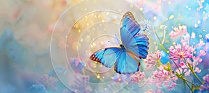 a blue butterfly flying in a beautiful flower,