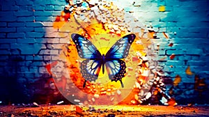 Blue butterfly flying in front of brick wall with fire in the background. Generative AI