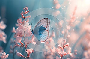 a blue butterfly is flying in near a pink flower