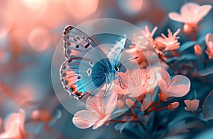 a blue butterfly is flying in near a pink flower