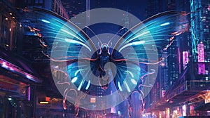 A blue butterfly flying over a city at night. Generative AI image.