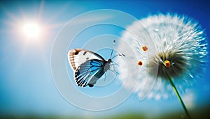 a blue butterfly flying over a dandelion with the sun in the background. generative ai