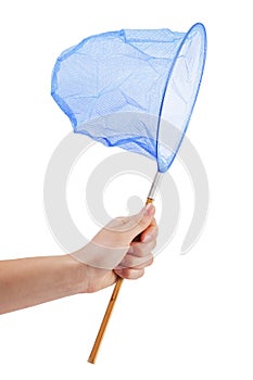 Blue butterfly net in human hand