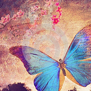 Blue butterfly old postcard background