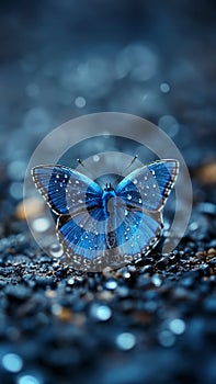 Blue butterfly sitting on blue ground, blurred background, copy space.