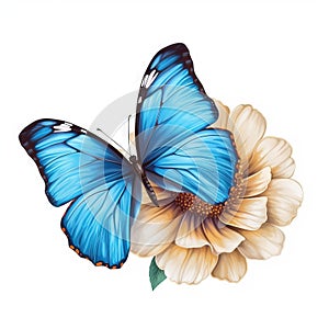 a blue butterfly sitting on top of a white flower with a yellow center and green leaves on the bottom of the wings of its wings