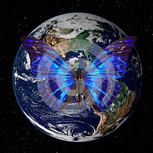 Blue butterfly in space against the earth`s planet. Elements of this image furnished by NASA