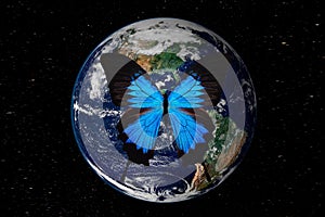 blue butterfly in space against the earth's planet. Elements of this image furnished by NASA