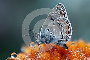 A blue butterfly with spots perched on an orange flower.