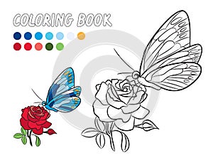 Blue butterfly with yellow dot wings, red rose coloring book page