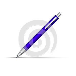 Blue button ballpoint vector pen writes at an angle of 45 degrees
