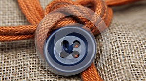 a blue button on a brown rope on a piece of cloth with a blue button on the end of the cord of a brown string