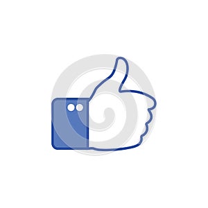 Blue button hand with thumb finger up. Like social icon. Hand gesture. Like gesture. Hand shows gesture of thumb up. Vector illust