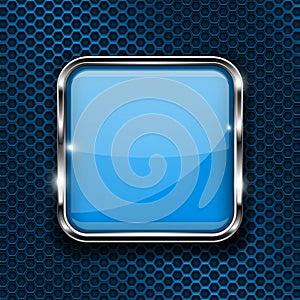 Blue button on perforated background. Square glass 3d icon with metal frame