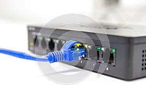 Blue cable network cables connected to switch port