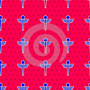 Blue Caduceus snake medical symbol icon isolated seamless pattern on red background. Medicine and health care. Emblem