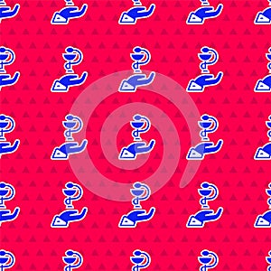 Blue Caduceus snake medical symbol icon isolated seamless pattern on red background. Medicine and health care. Emblem