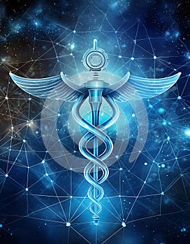 Blue Caduceus Symbol With Wings on a Network Background. Generative AI photo