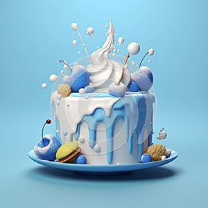Playful 3d Cake Decoration With Blue Glaze And Fruits photo