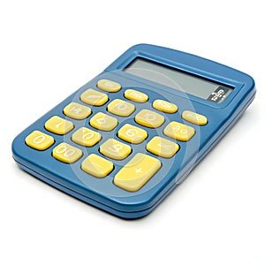 Blue calculator with yellow buttons isolated on white background photo